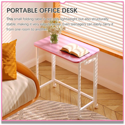 Mobile Folding Laptop Cart On Wheels For Small Spaces 23.6 Inch Rolling Computer Desk In Pink And White next to couch