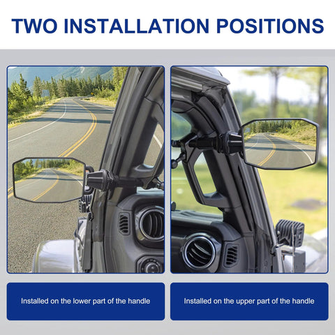Door Off Mirror Upgrade For Jeep Wrangler JL JLU And Gladiator JT 2018-2023 with quick release, two installation positions shown