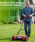 16 Inch Cordless Electric Reel Lawn Mower With Dual 36Wh Batteries For Long Run Time Up To 30 Minutes Of Mowing On Small To Medium Lawns Quiet Eco Friendly Yard Work No Fuss Easy Start, man mowing lawn