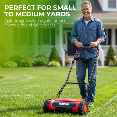 16 Inch Cordless Electric Reel Lawn Mower With Dual 36Wh Batteries For Long Run Time Up To 30 Minutes Of Mowing On Small To Medium Lawns Quiet Eco Friendly Yard Work No Fuss Easy Start, man mowing lawn