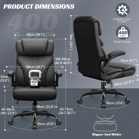 Ergonomic Big And Tall Office Chair With Breathable Leather All Day Comfort Boss Level Back Support Adjustable Flip Up Armrests