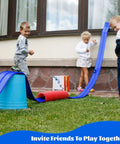 Children playing with Kid Friendly 19 Foot Portable Two Lane Race Car Track Starter Set With Wall Mount Suction Cups Magnets And Hooks Blue