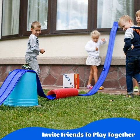 Children playing with Kid Friendly 19 Foot Portable Two Lane Race Car Track Starter Set With Wall Mount Suction Cups Magnets And Hooks Blue