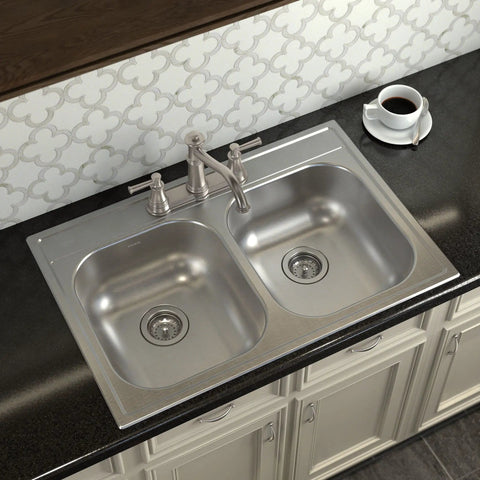 2000 Series 33 Inch 20 Gauge Drop In Double Bowl Stainless Steel Kitchen Sink With Quick Mount And Three Holes For Easy Installation