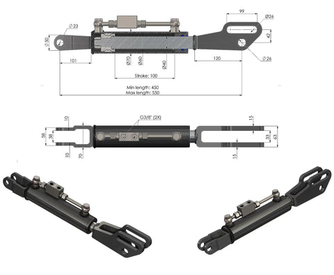 Beefy Hydraulic Side Link Cylinder With Fork For Heavy Duty Equipment, Adjustable From Seventeen And Three Quarters Inches To Twenty One And Five Eighths Inches, Steel Construction With Locking Block Technology And Protective Black Finish, dimensioned drawing and side views