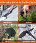 180 rotating folding shovel for car and garden use, snow shovel, gardening tool, saw blade, window breaker in action.