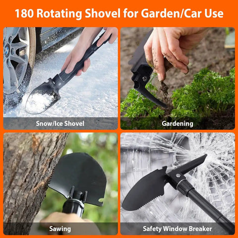 180 rotating folding shovel for car and garden use, snow shovel, gardening tool, saw blade, window breaker in action.