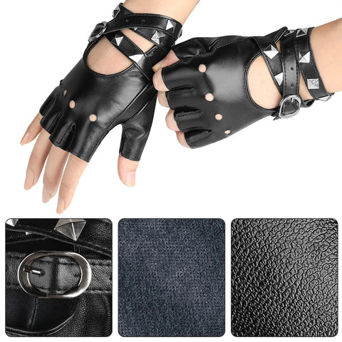 Womens Dope Edgy Punk Fingerless Leather Gloves Featuring Chill Ride Ready PU Half Finger Design With Grippy Wrist Wrap For Motoring Night Rides And Casual Hangout Wear