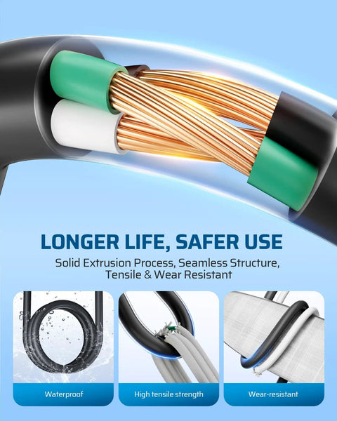 Close-up of Outdoor Extension Cord 3 Ft Short Power Cable 16 AWG SJTW with solid copper wire, waterproof and wear-resistant features.
