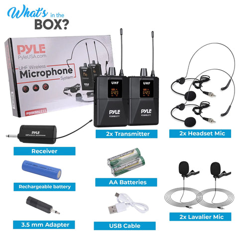 Box contents of Dual UHF Wireless Microphone System Kit With Headset Or Lavalier Mics, Beltpack Transmitter And Receiver shown