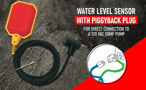 Heavy Duty Sump Pump Float Switch With Universal Ten Foot Tether And Piggyback Plug on rocky surface