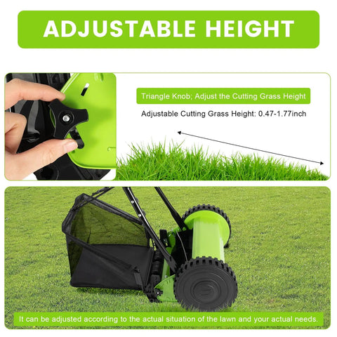 Manual Push Reel Lawn Mower With 12 Inch Cutting Width And 5 Blade System, Walk Behind Garden Mower With Adjustable Height, No Gas No Fumes Eco Friendly Quiet Yard Care For Small Lawns, height adjust knob and catcher