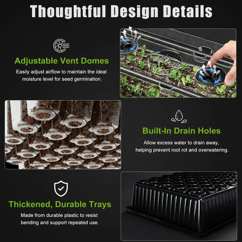 60 Cell Self Watering Seed Starter Tray With Grow Light And Heat Mat, showing vent domes, drain holes, and durable trays.