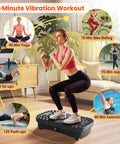 Woman exercising on Vibration Plate Fitness Platform for Full Body Workout, home shaker board in living room setup.