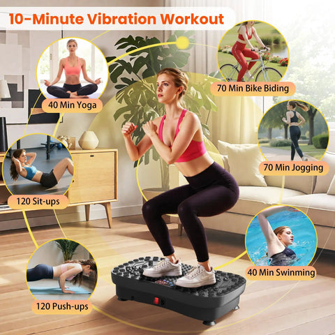 Woman exercising on Vibration Plate Fitness Platform for Full Body Workout, home shaker board in living room setup.