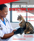 Top Notch Black Synthetic Vinyl Exam Gloves 5 Mil Thick Powder Free Latex Free Large Grip Tight Design 1000 Count Box used by veterinarian with cat.