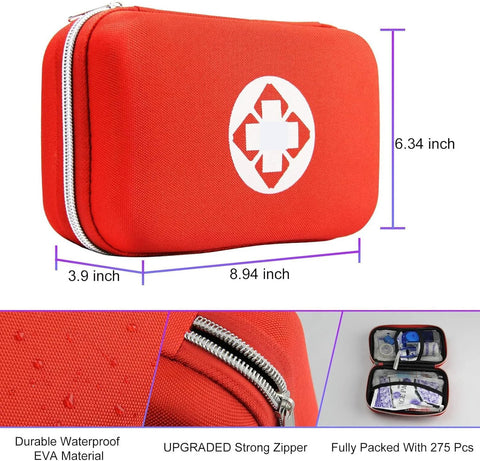 Front view of red EVA car first aid kit case with white cross emblem; compact travel-size, 275-piece emergency kit.