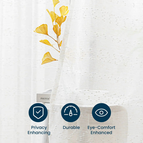 Close-up of Cozy Farmhouse Polyester Linen Blend Sheer Curtains 84 Inch Long, Light Filtering Two Panels, semi sheer texture.