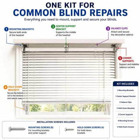 All In One Blind Bracket Installation Kit With 23 Piece Replacement Hardware Set For Window Blinds Includes 2 Inch Mounting Brackets Screws Clips And Valance Clips No Extra Trips details of kit components and installation.