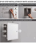 Step-by-step installation image of Heavy Duty Rock Solid 24 X 36 Lockable Steel Access Panel For Drywall Wall Ceiling Utility Door.