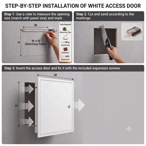 Step-by-step installation image of Heavy Duty Rock Solid 24 X 36 Lockable Steel Access Panel For Drywall Wall Ceiling Utility Door.