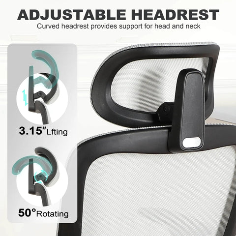Ergonomic Office Chair With Footrest And Mesh Back, Adjustable Headrest And Armrests, Dynamic Floating Wing Lumbar Support, High Back Desk Chair For Home Office, All Day Comfort, BIFMA Certified, Gray with adjustable headrest detail