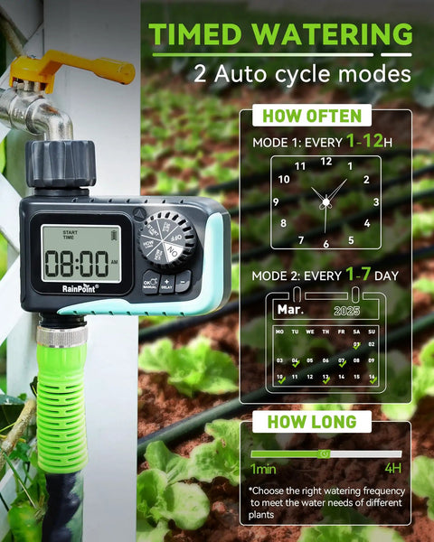 Smart Hose Sprinkler Timer That Makes Watering A Breeze With Rain Delay And Manual Auto Modes Fully Programmable Digital Irrigation For Yard And Lawn One Outlet Outdoor Water Timer showing digital display and irrigation settings