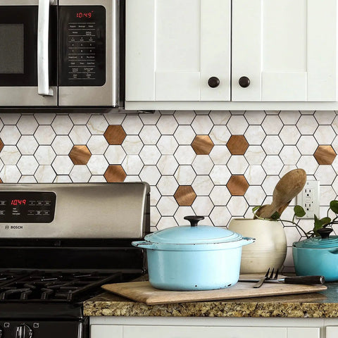 10 Pack Peel And Stick Hexagon Backsplash Tiles In Cream Marble Brushed Copper Metal Look For Kitchen And Bath installed in kitchen