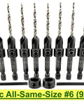Premium Kicker 10-Piece Number Six Countersink Bit Kit with two adjustable depth stops and hex shank, perfect for wood and metal.