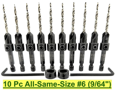 Premium Kicker 10-Piece Number Six Countersink Bit Kit with two adjustable depth stops and hex shank, perfect for wood and metal.