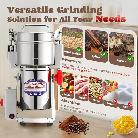 Beast Mode 2500W Electric Grain Mill Grinder For Wheat Corn Rice Pepper Herbs And Coffee Beans 700g Swing Jar 110V Stainless Steel Pulverizer Dry Grinding Machine with versatility chart