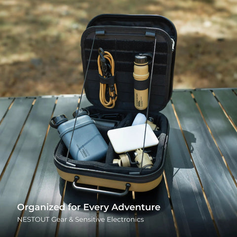 Nestout Gear Storage Case lightweight hard shell open with tech accessories organized inside