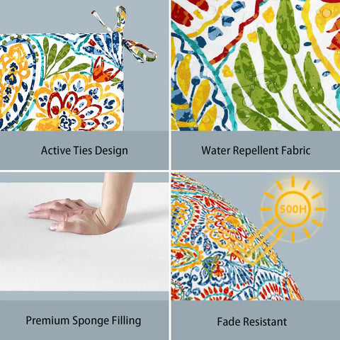 Outdoor Square Chair Cushions With Ties, Water Repellent Patio Seat Pads, 18.5 x 16 x 2 Inches, Set Of 4, Paisley Multi Pattern features