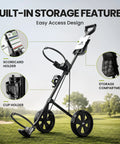 Top Shelf Two Wheel Golf Pull Cart Lightweight Foldable Push Cart Built From Heavy Duty Steel with scorecard and cup holders.
