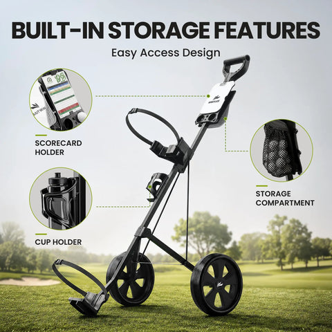 Top Shelf Two Wheel Golf Pull Cart Lightweight Foldable Push Cart Built From Heavy Duty Steel with scorecard and cup holders.
