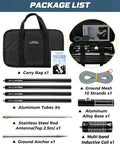 Package contents of Multiband HF Antenna for Ham Radio 7 to 50 MHz Eight Band Vertical Antenna with Low SWR and carry bag.