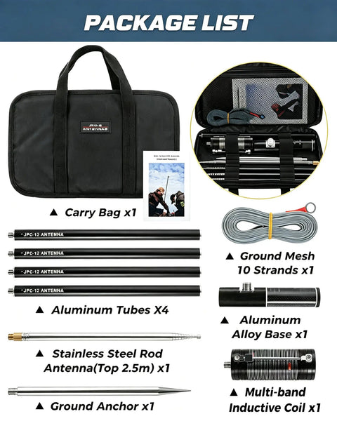Package contents of Multiband HF Antenna for Ham Radio 7 to 50 MHz Eight Band Vertical Antenna with Low SWR and carry bag.