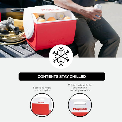 Playmate Elite Red Cooler With One Hand Opening Button Spill Proof Locking Lid Built In Carry Handle The Go To Choice For Picnics Camping And Everyday Outdoor Chills shown on a tailgate with beverages inside.