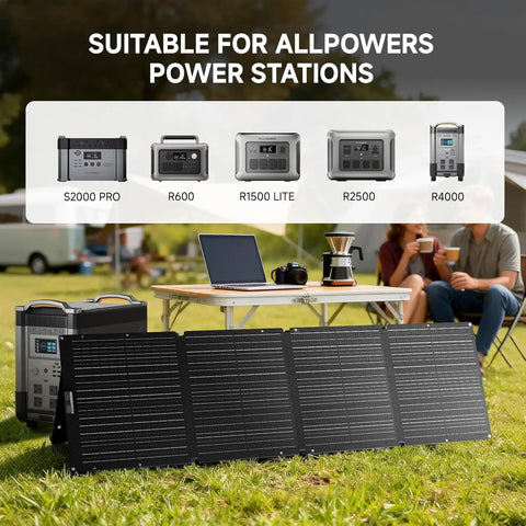 Beefy Capacity Portable Power Station S2000 Pro 1520Wh LiFePO4, camping setup with solar panels and gear.