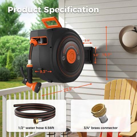Heavy Duty Retractable Garden Hose Reel 100 Feet Half Inch For Outdoor Use With Wall Mount And 180 Degree Swivel Auto Rewind