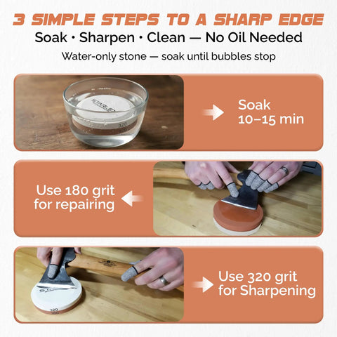 Guide showing Dual Grit Axe Sharpener Whetstone For Axes Hatchets And Knives With Leather Pouch 180 And 320 Grit in use