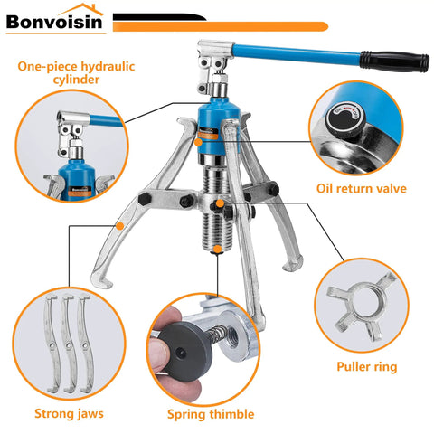Beefy 20 Ton Hydraulic Gear Puller Set With Interchangeable 2 Or 3 Jaw Heads For Wheels Hubs And Rotors, showing parts