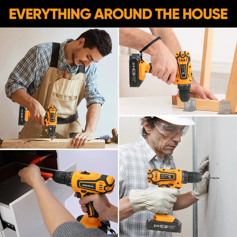 Collage of 21V Max Cordless Drill Kit With Three Eighths Inch Metal Chuck in various home improvement projects