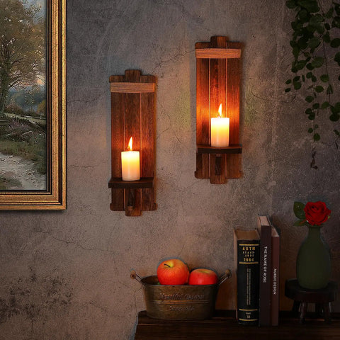Handmade Paulownia Wood Candle Sconces Set Of Two Vintage Rustic Farmhouse Wall Decor with lit candles and decor accents.