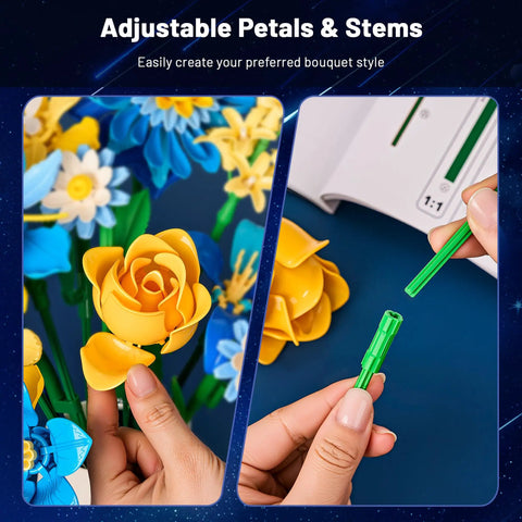 Starry Blooms Flower Bouquet Building Set for Adults Totally Inspired by Van Gogh Starry Night 14 Realistic Flowers Made from 512 ABS Bricks, adjustable stems