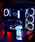 Powerful Computer Duster and Cleaner for Electronics and Home Use, High Velocity Air Blower next to illuminated PC case