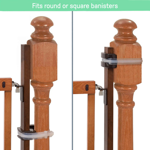 Banister To Banister Gate Mounting Kit For Round Or Square Banisters Up To 37 Inches Tall Fits Most Gate Hardware And Pressure Mounted Baby Gates No Fuss Install Gate Sold Separately showing installation on round and square banisters.