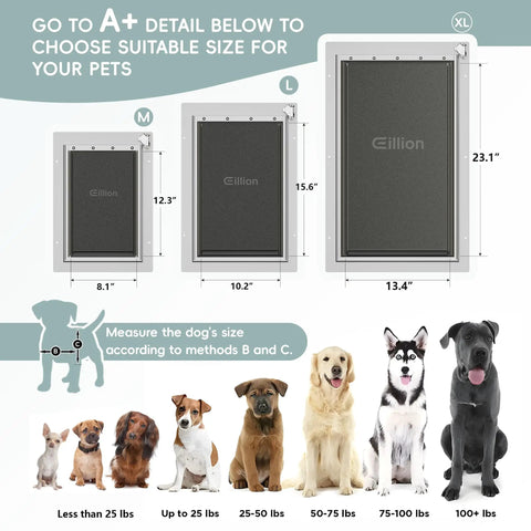 Top Shelf Medium Size Dog Door For Wall With 3 Flap Insulated Panel And Telescoping Tunnel Heck Yeah Slick All Steel Build For Pets Up To Forty Pounds Gets You Outside Like A Champ size guide with dimensions for small to large pets.