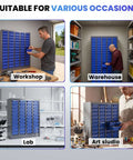 Beefy Heavy Duty Bolt Bin Organizer With 40 Drawers, ABS Plastic Parts Cabinet for garage workshop storage, shown in various settings.