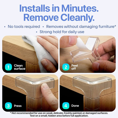 Knockout Baby Proofing Corner Guards And Edge Protective Tape 16 Feet Clear Cabinet Safety Strip with installation steps.